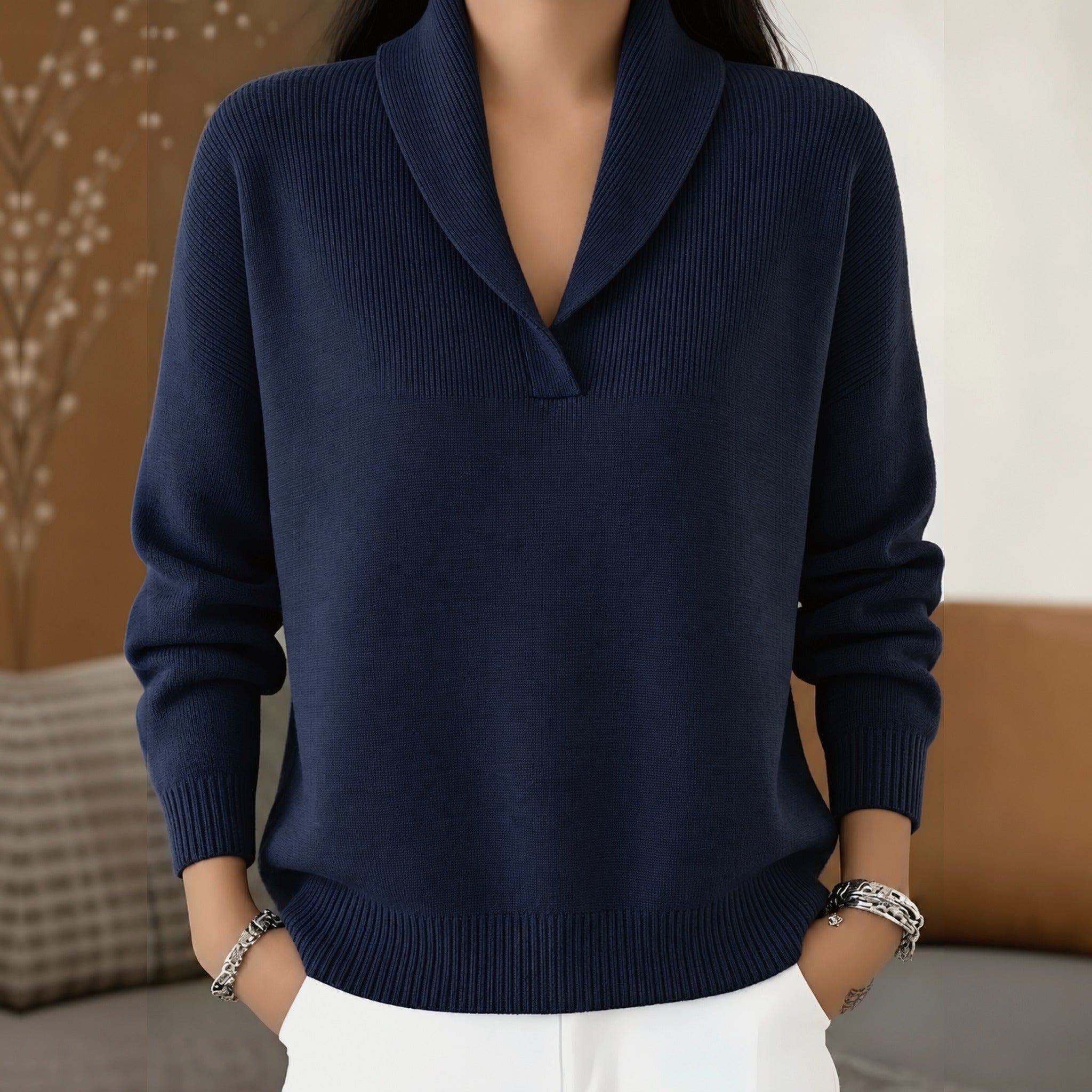 Cara shawl collar V neck jumper in Navy Blue, view 7