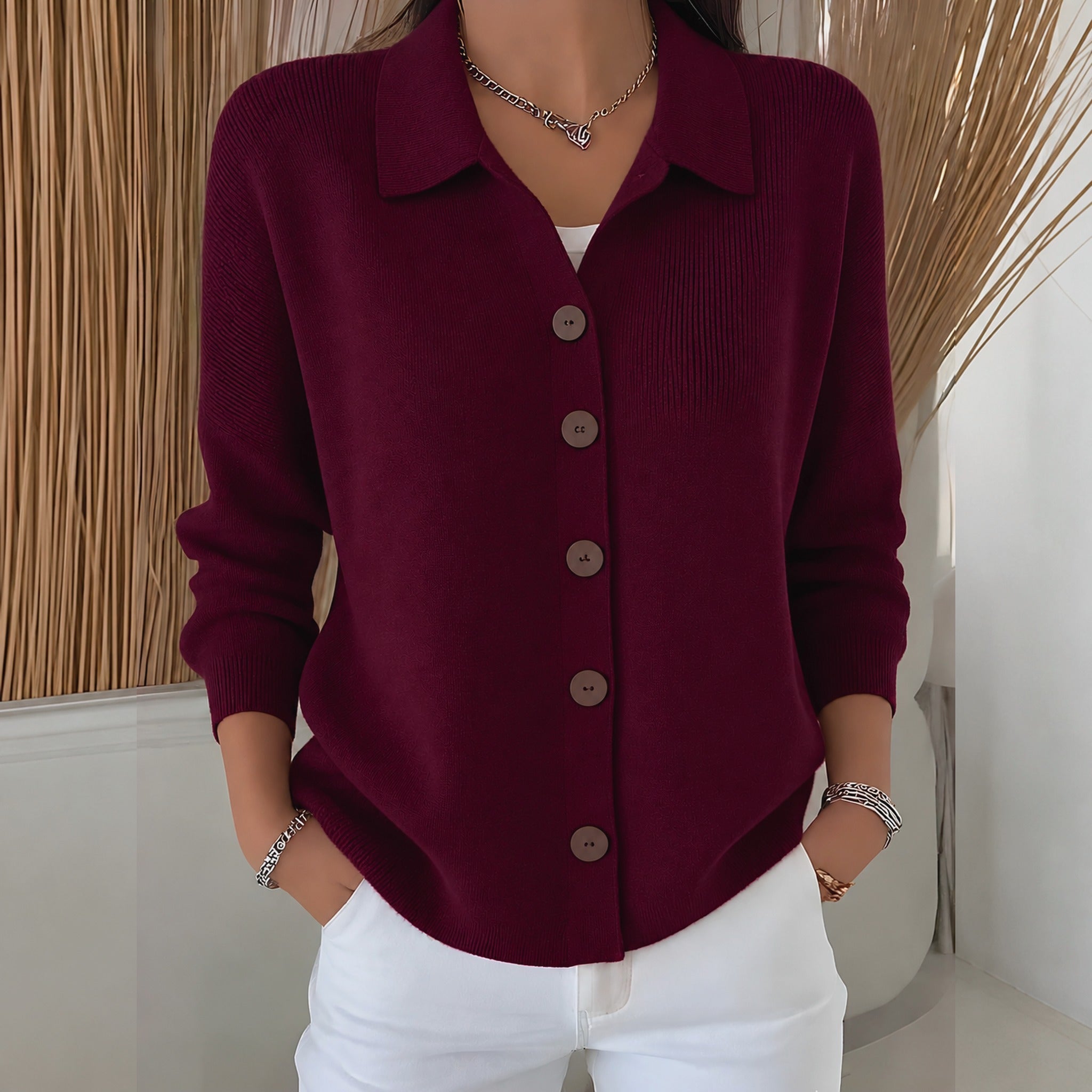 Kirsty collared button front cardigan in Burgundy, front view