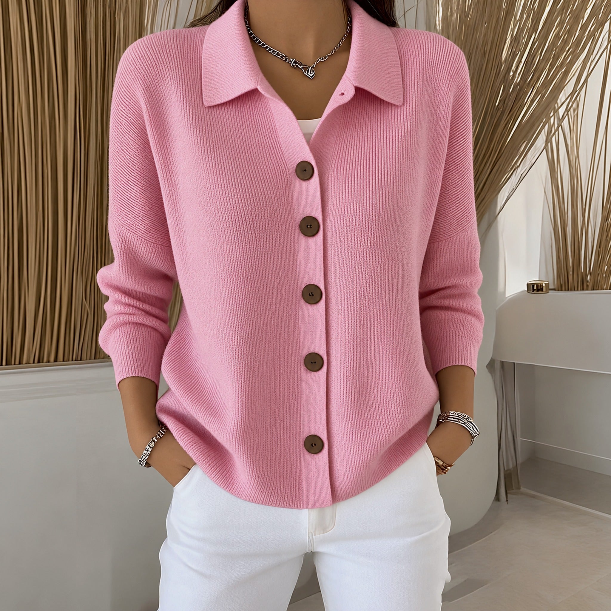 Kirsty collared button front cardigan in Pink, view 2