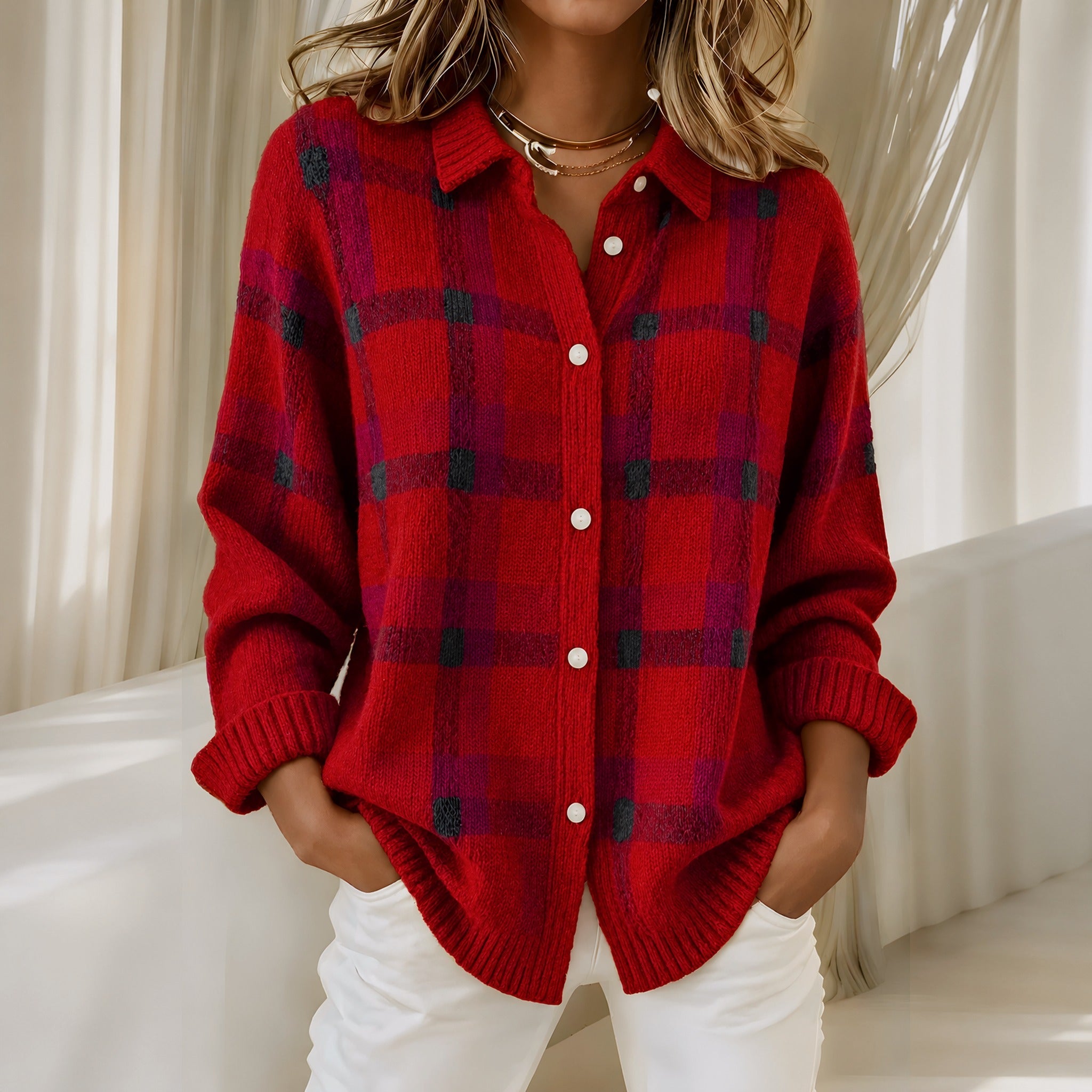 Diana check knit cardigan in Red, view 3