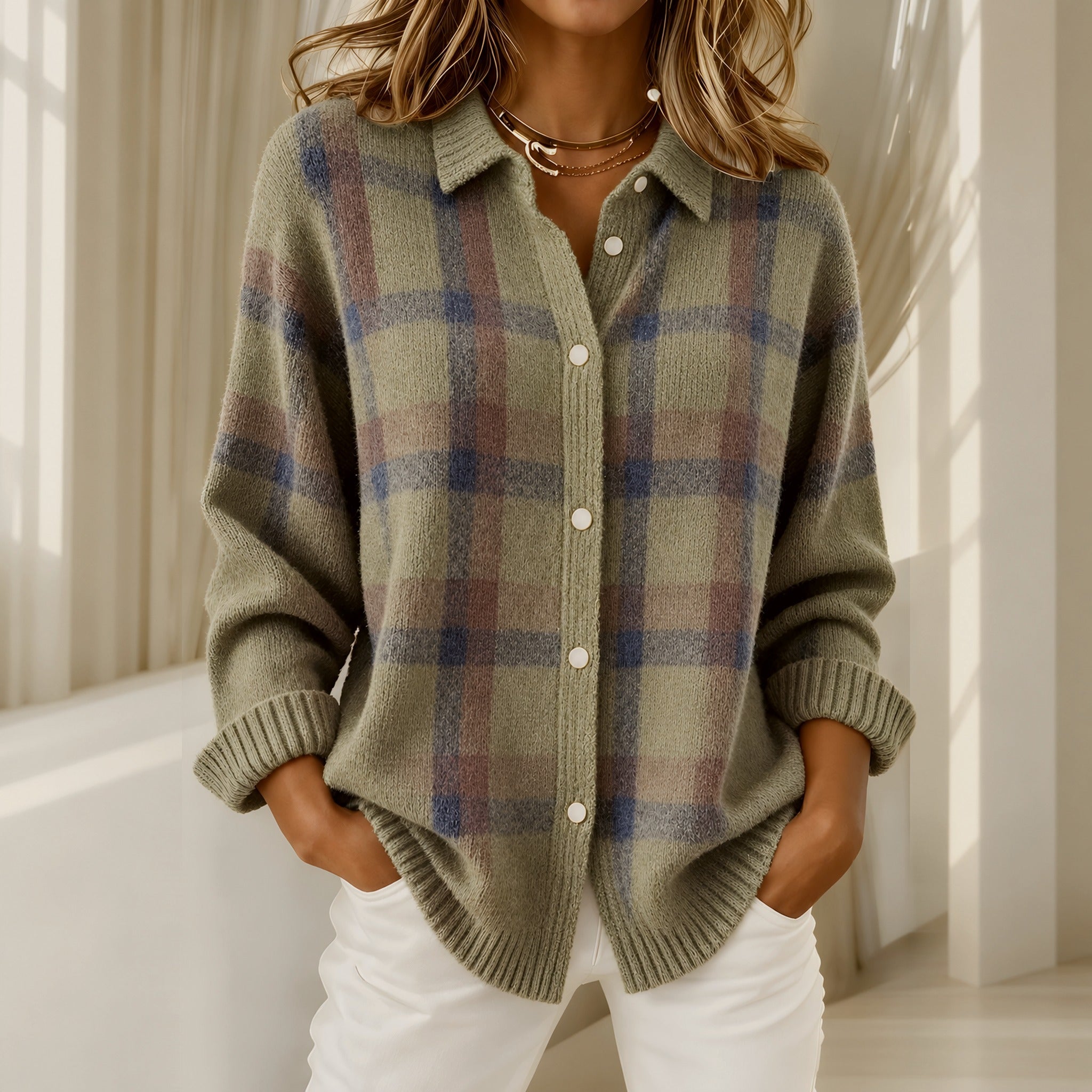 Diana check knit cardigan in Brown, view 5