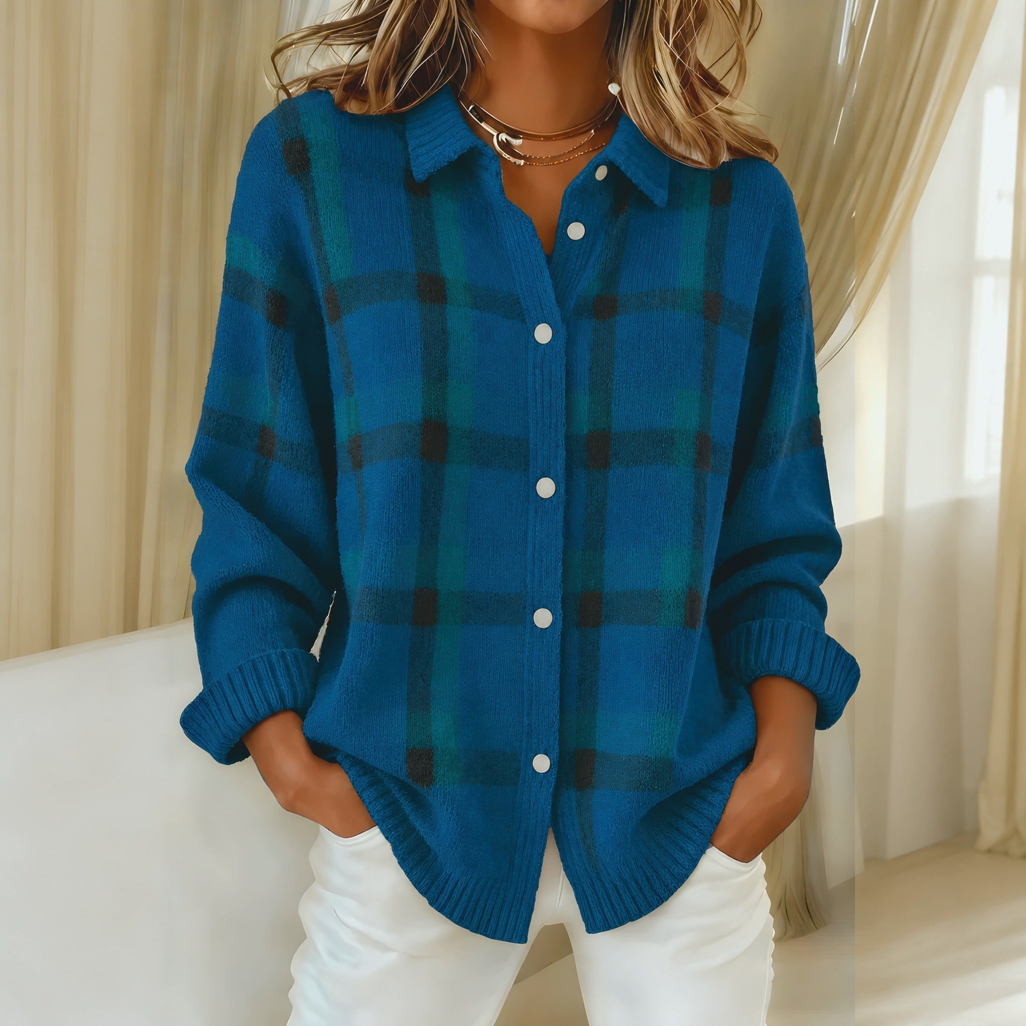Diana check knit cardigan in Blue, view 6