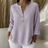 Ginger waffle knit henley top in Lilac, front view