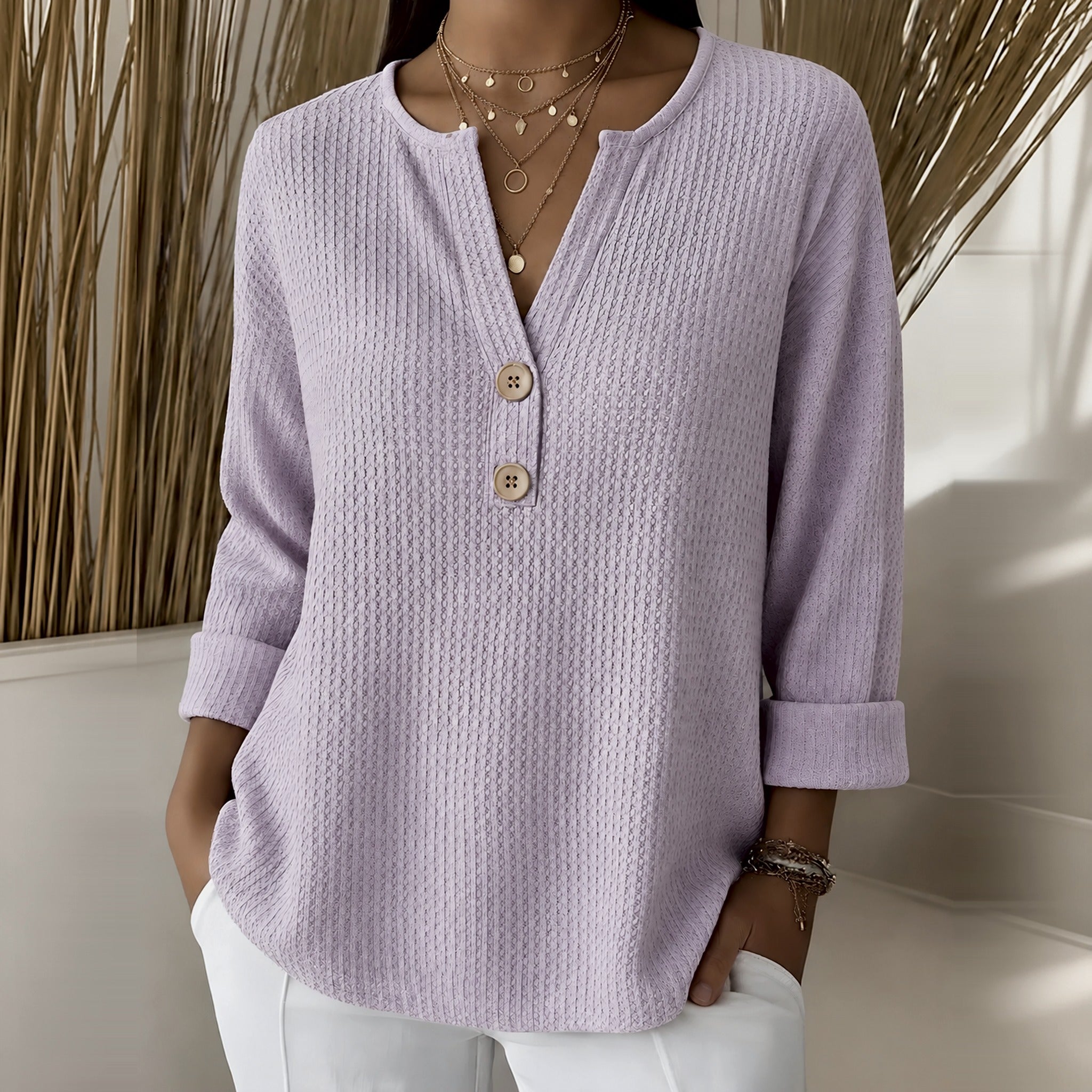 Ginger waffle knit henley top in Lilac, front view