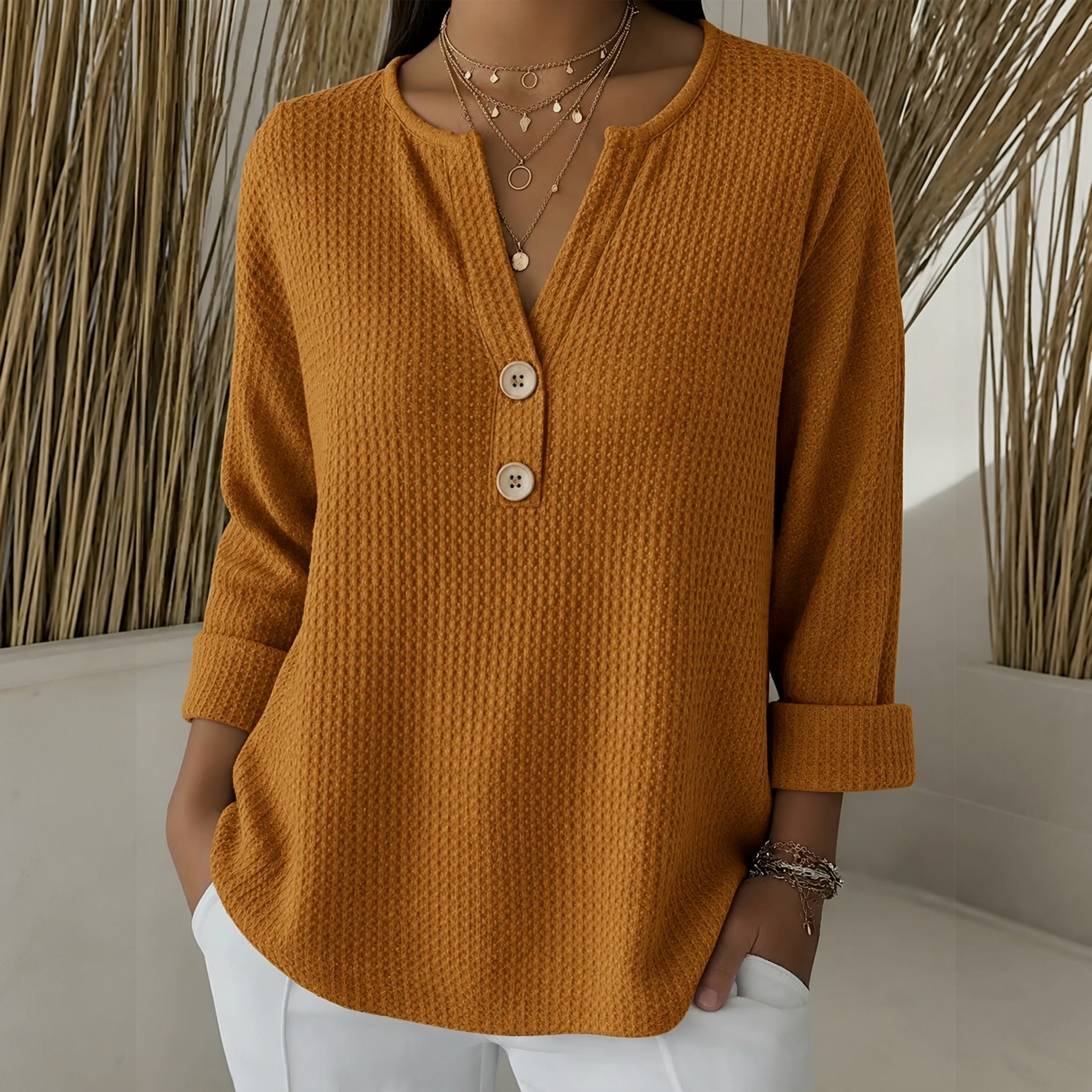 Ginger waffle knit henley top in Orange, view 4