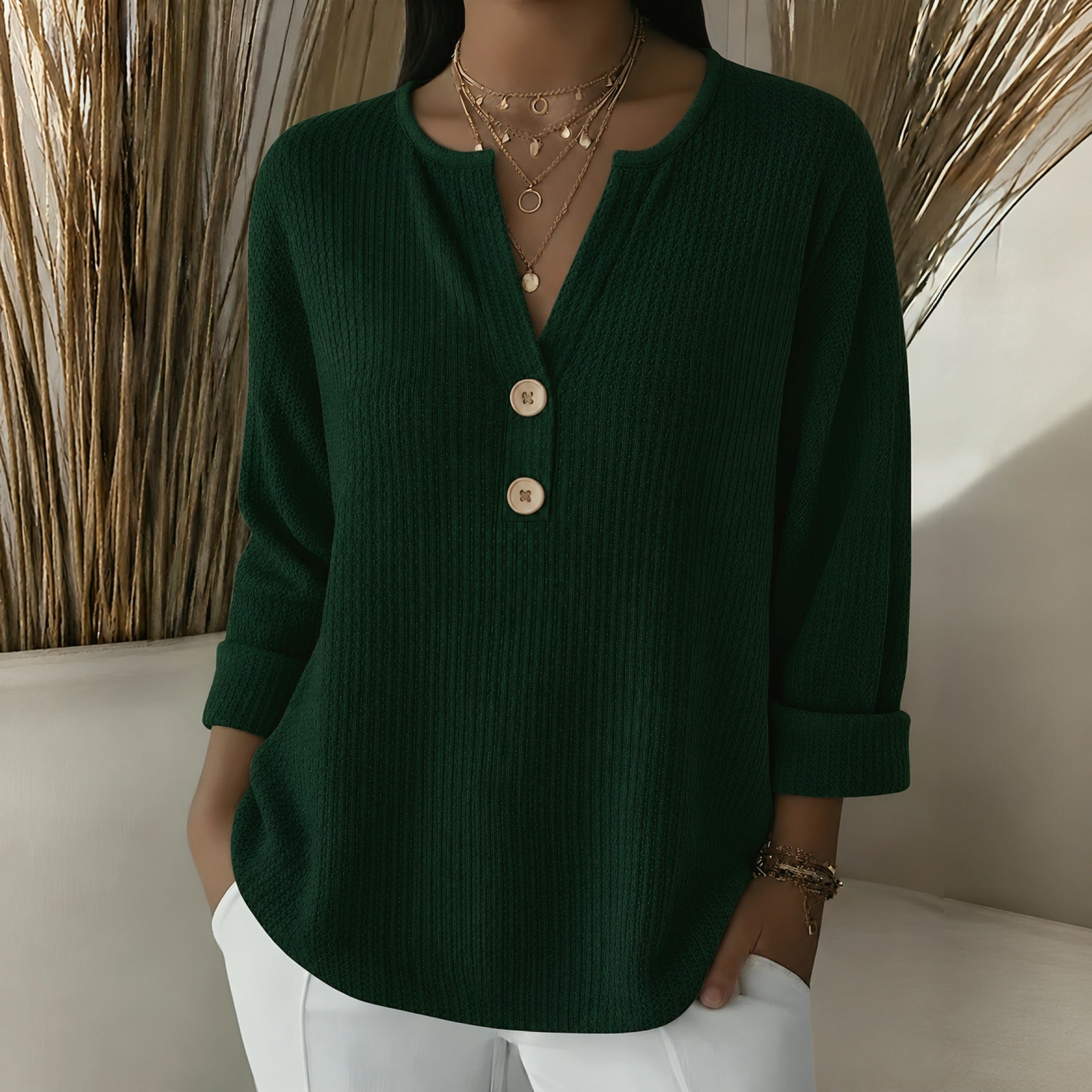 Ginger waffle knit henley top in Green, view 5
