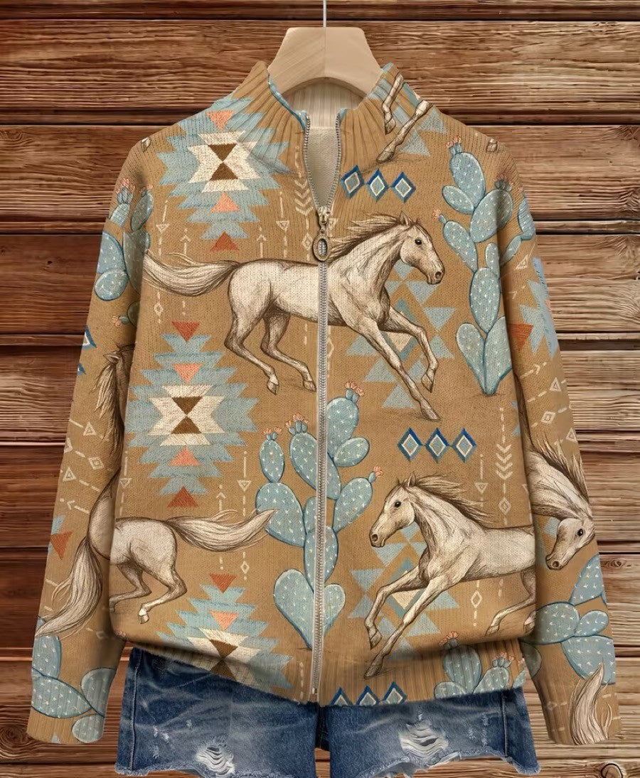 Kathryn horse and cactus print zip-up cardigan, view 2