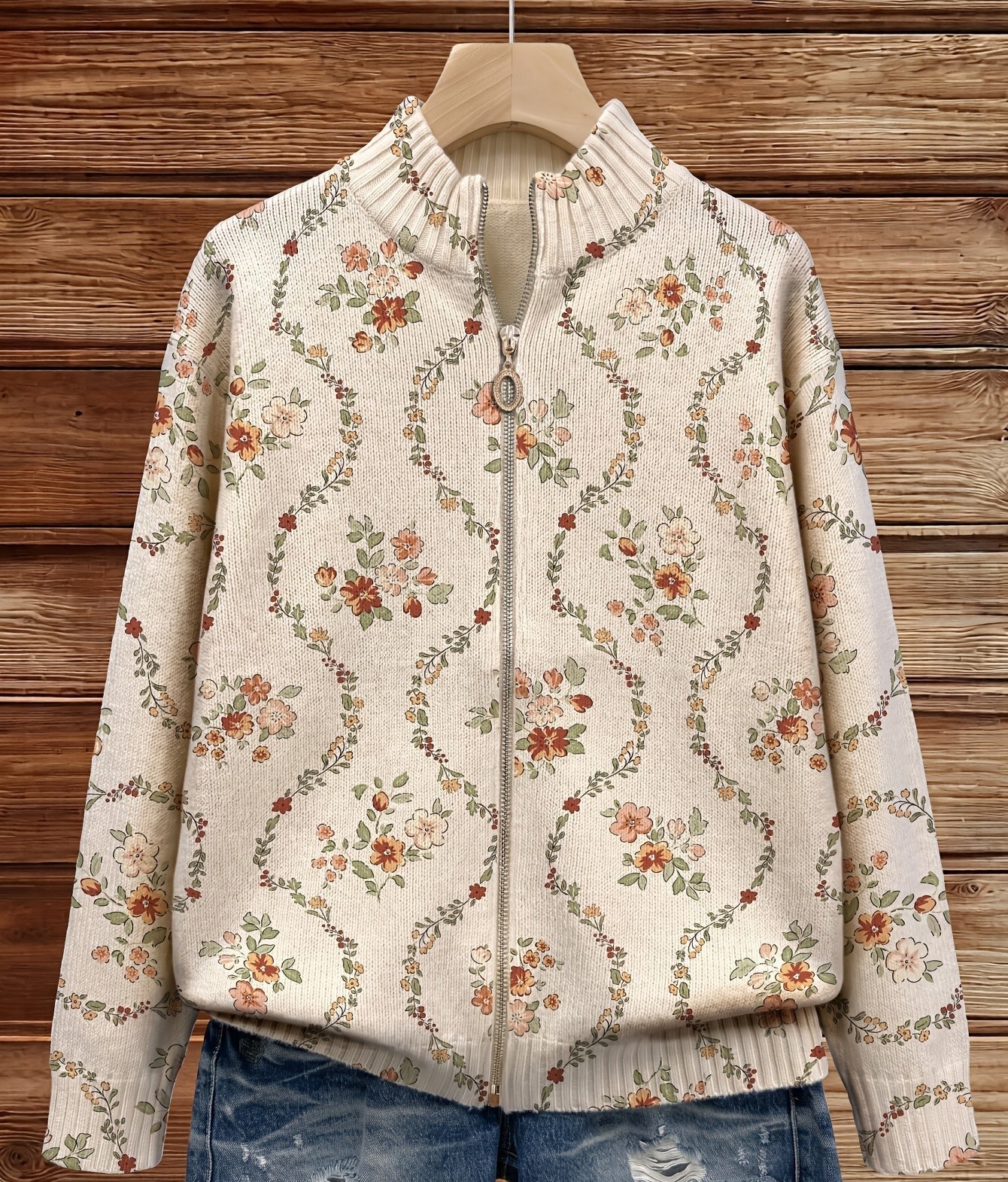 Danielle cream trailing floral zip-up cardigan, view 4