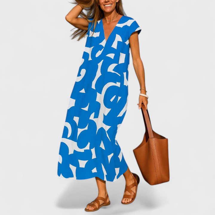 Valery lightweight V neck midi dress in Blue, view 3