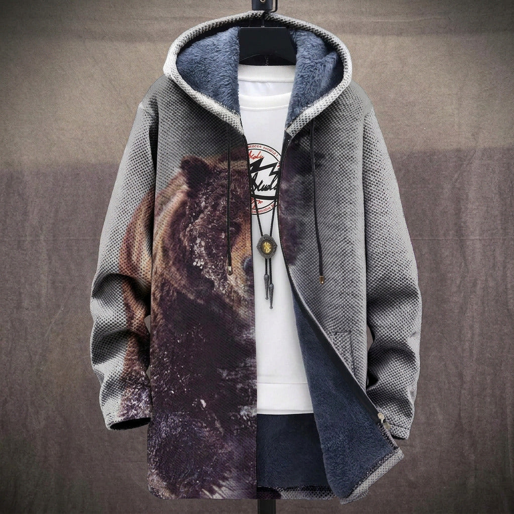 Rachel - Bear on Grey Jacket, front view