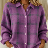Rebecca purple checked knitted jacket, front view