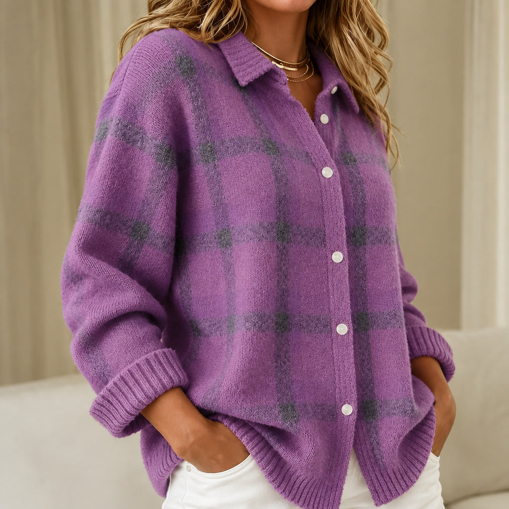 Rebecca purple checked knitted jacket, view 2