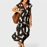 Valery flowing V neck print dress in Black, view 2