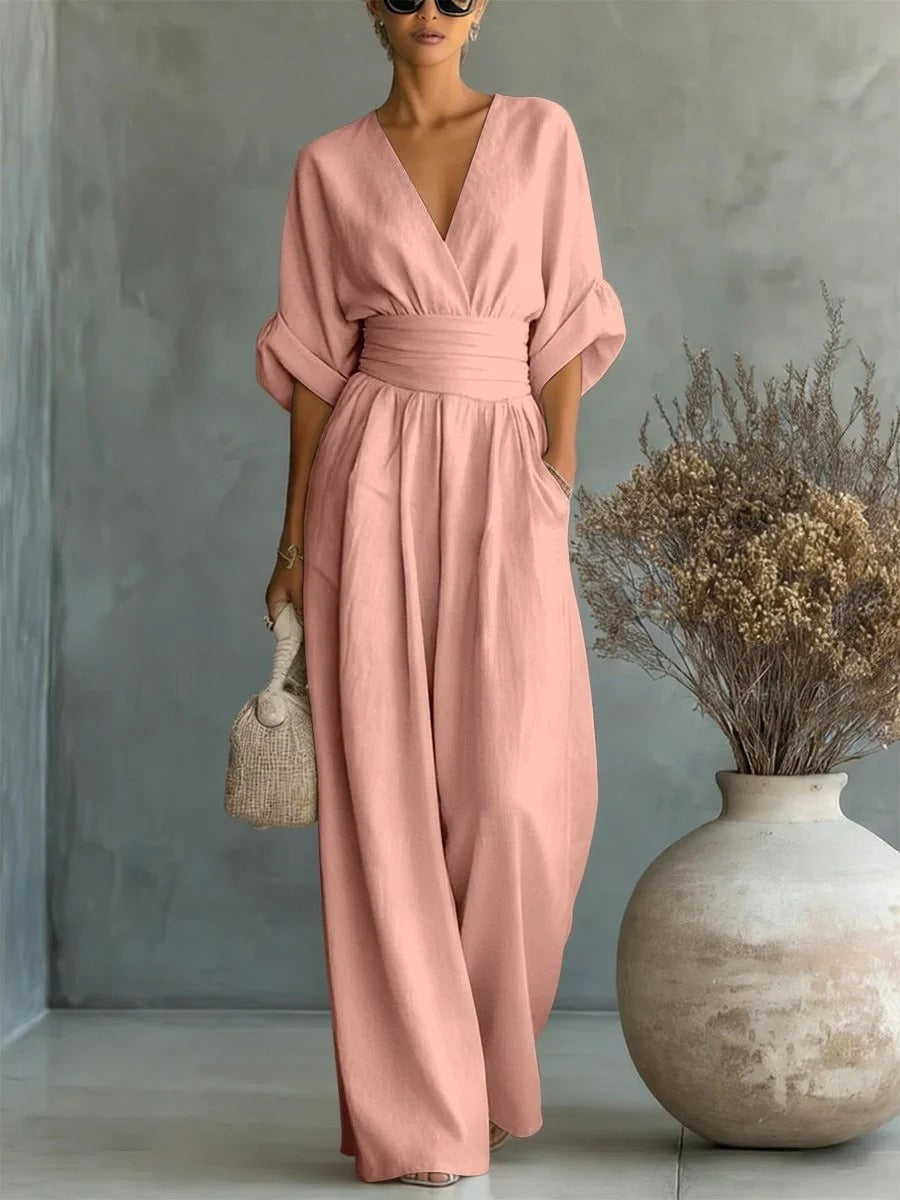 Maja V Neck High Waisted Jumpsuit in Pink, view 8