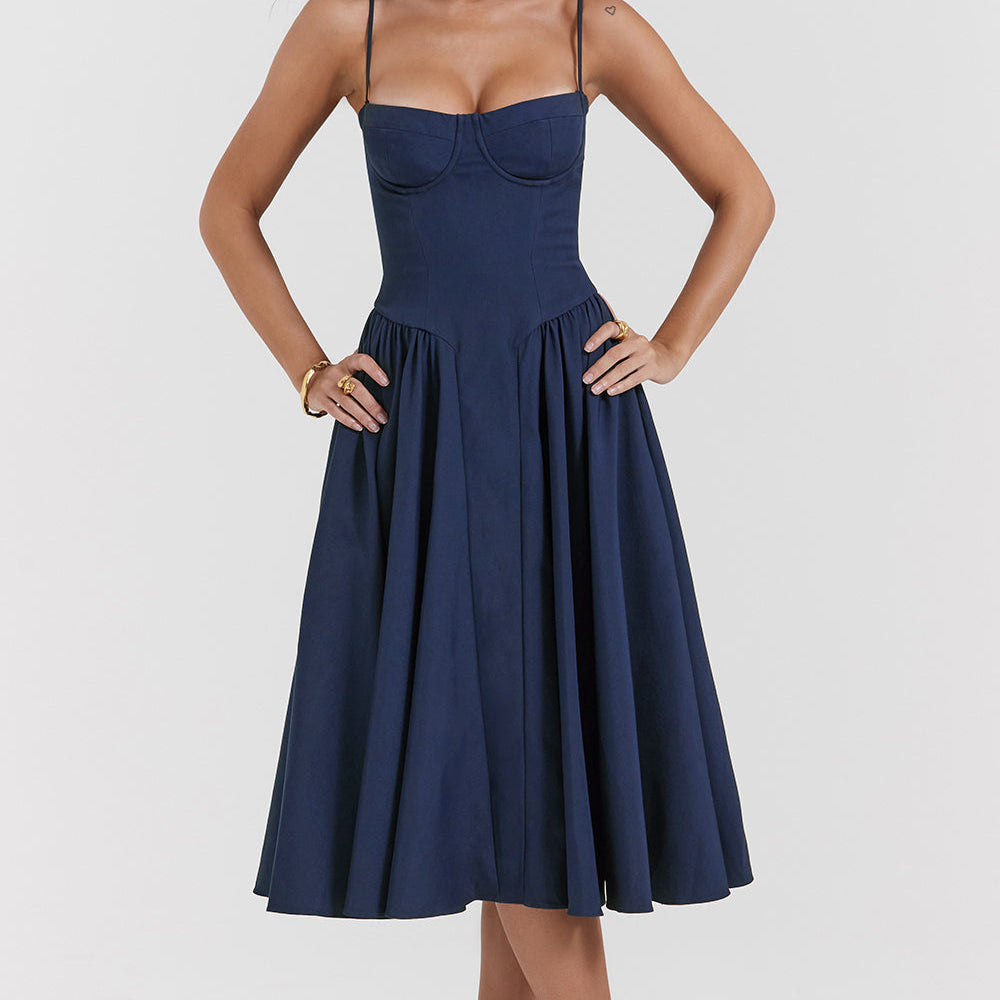 Rome corset midi dress in Navy Blue, front view