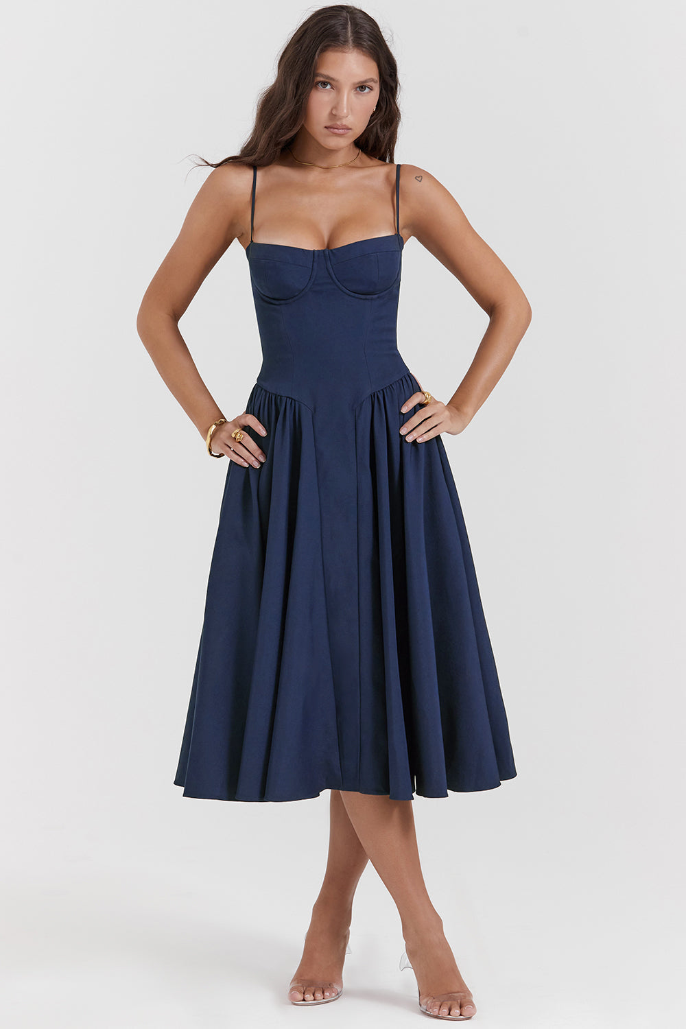 Rome corset midi dress in Navy Blue, front view
