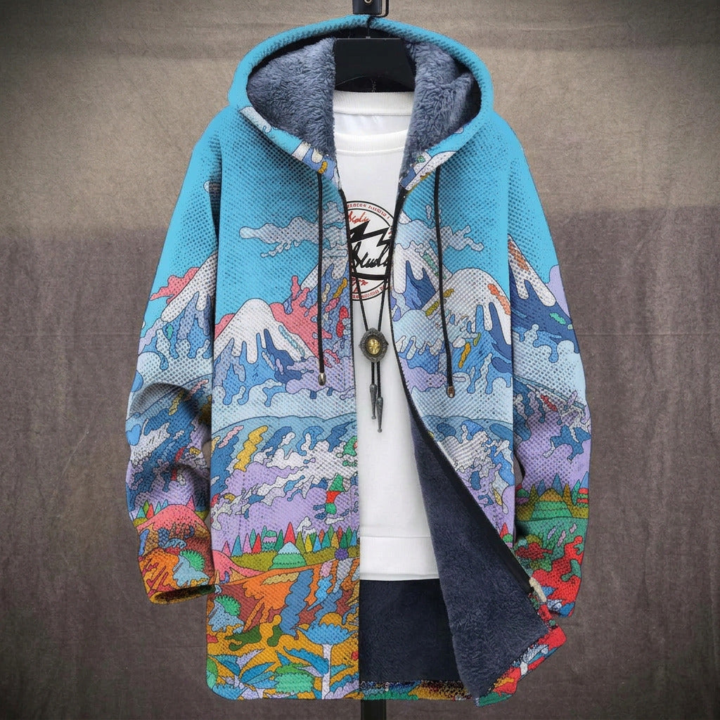 Sadie - Mountain Landscape on Blue Jacket, front view