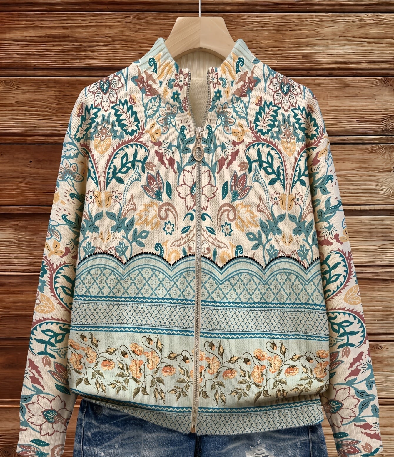 Olivia botanical border print zip-up cardigan, view 2