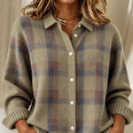 Taylor cosy checked knitted jacket in Brown, front view