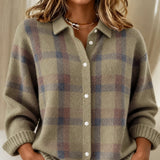 Taylor cosy checked knitted jacket in Brown, front view