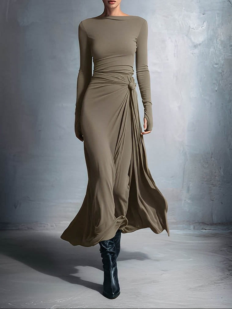 Gabriella side knot long dress in Khaki, view 5