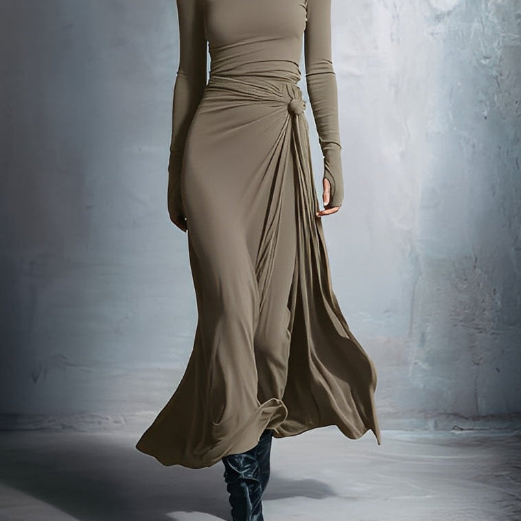 Gabriella side knot long dress in Khaki, view 5