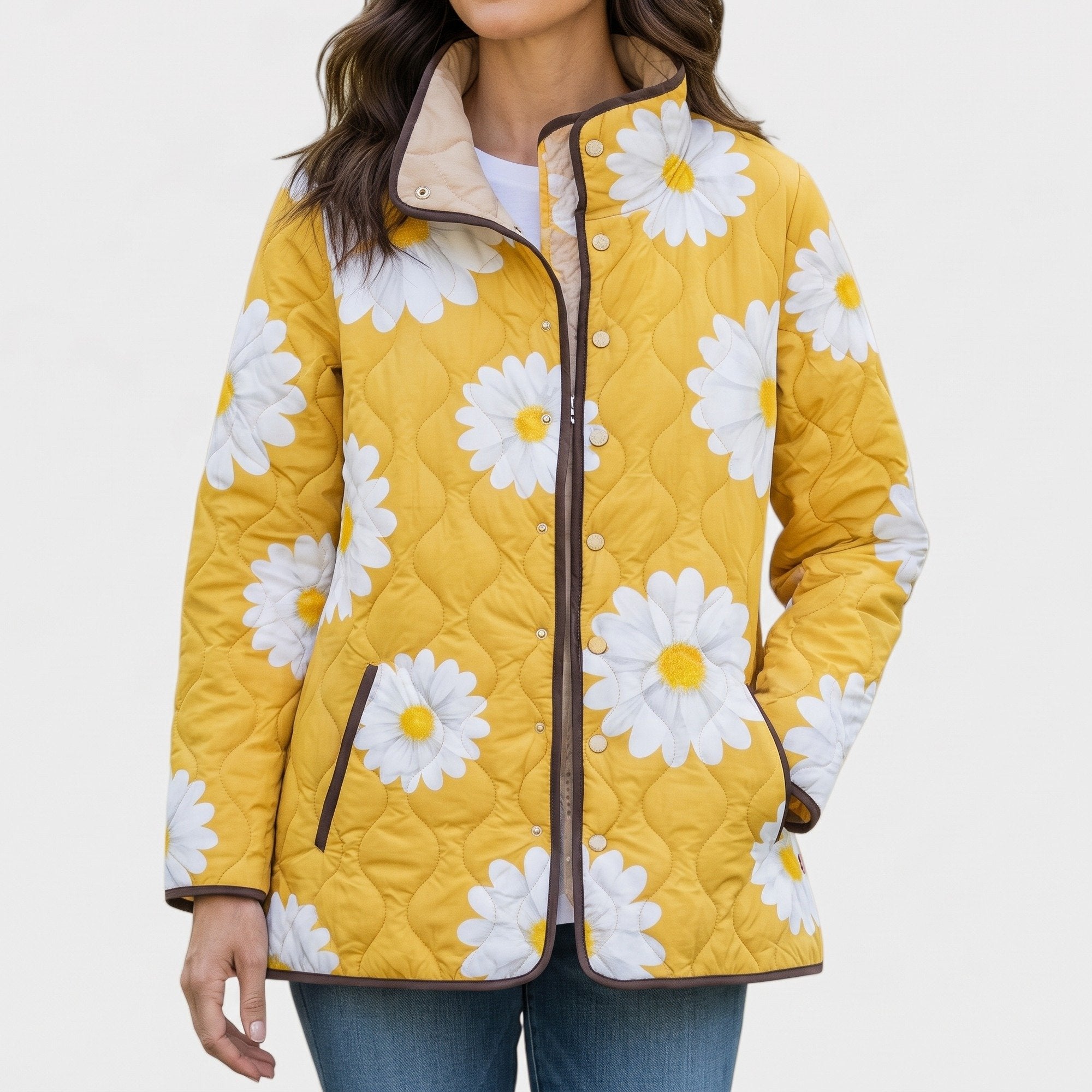 Vanessa yellow daisy quilted jacket, front view