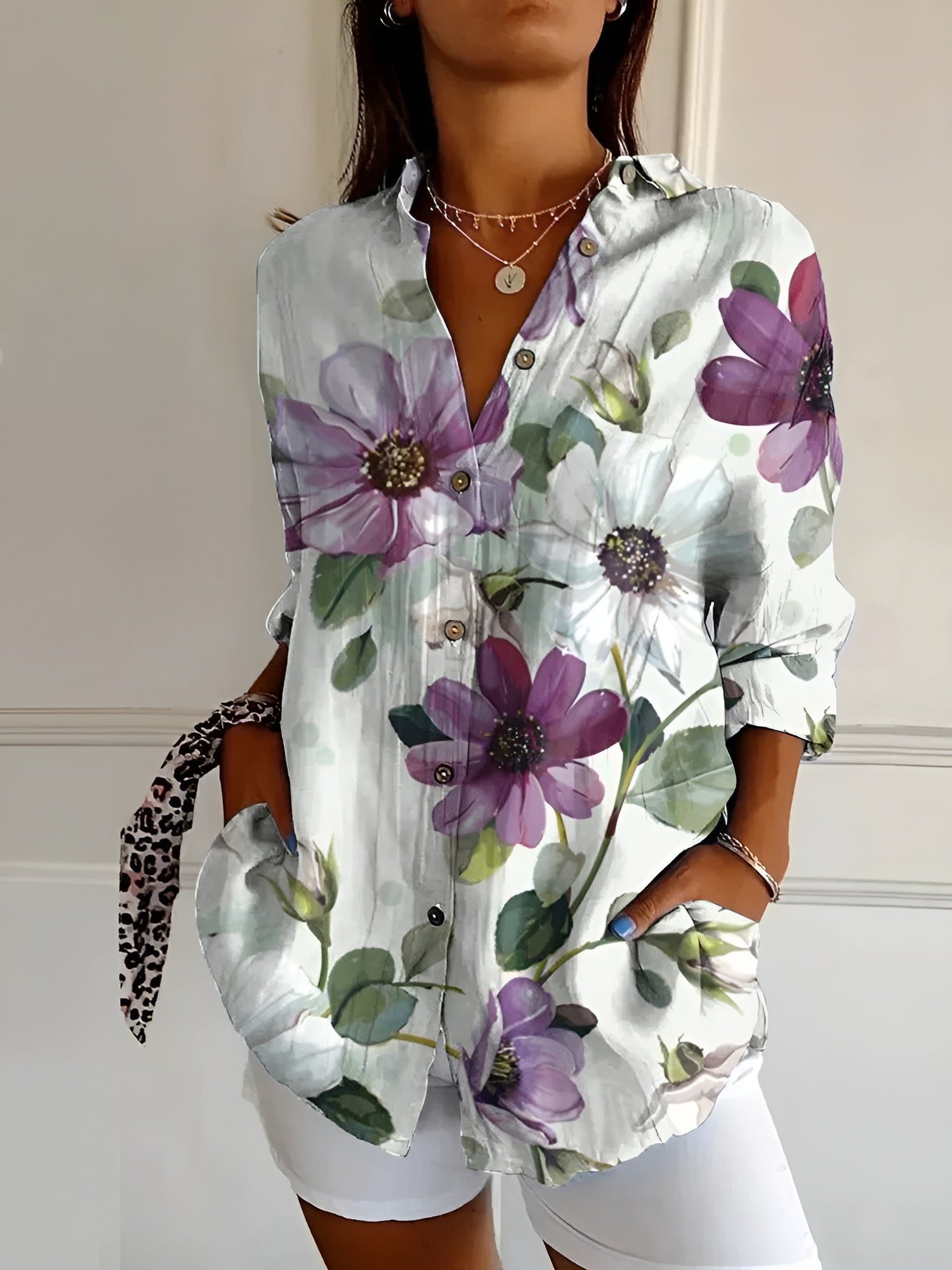 Maia floral summer blouse in Purple Flowers, view 5