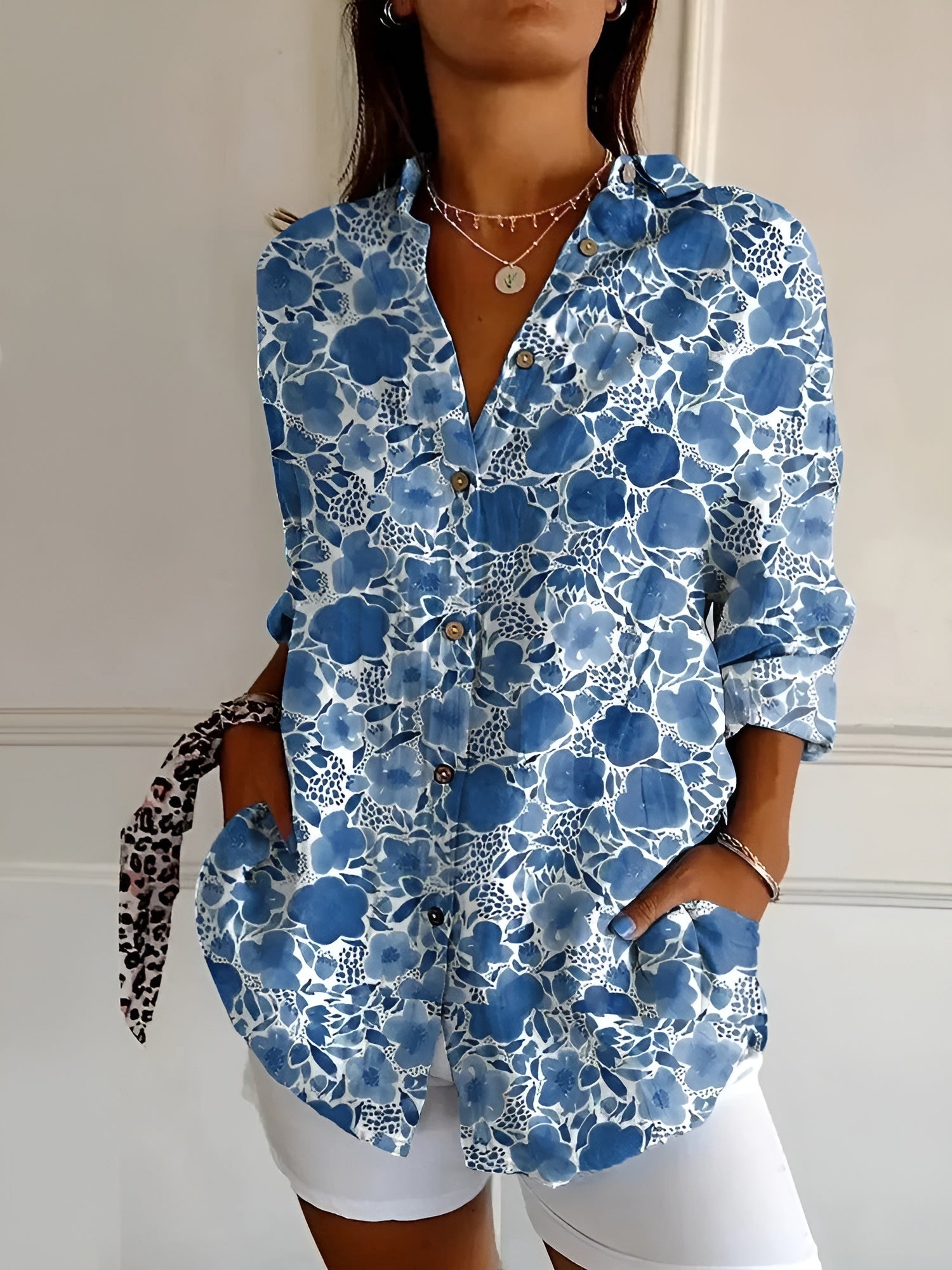Maia floral summer blouse in Dark Blue Flower, view 4