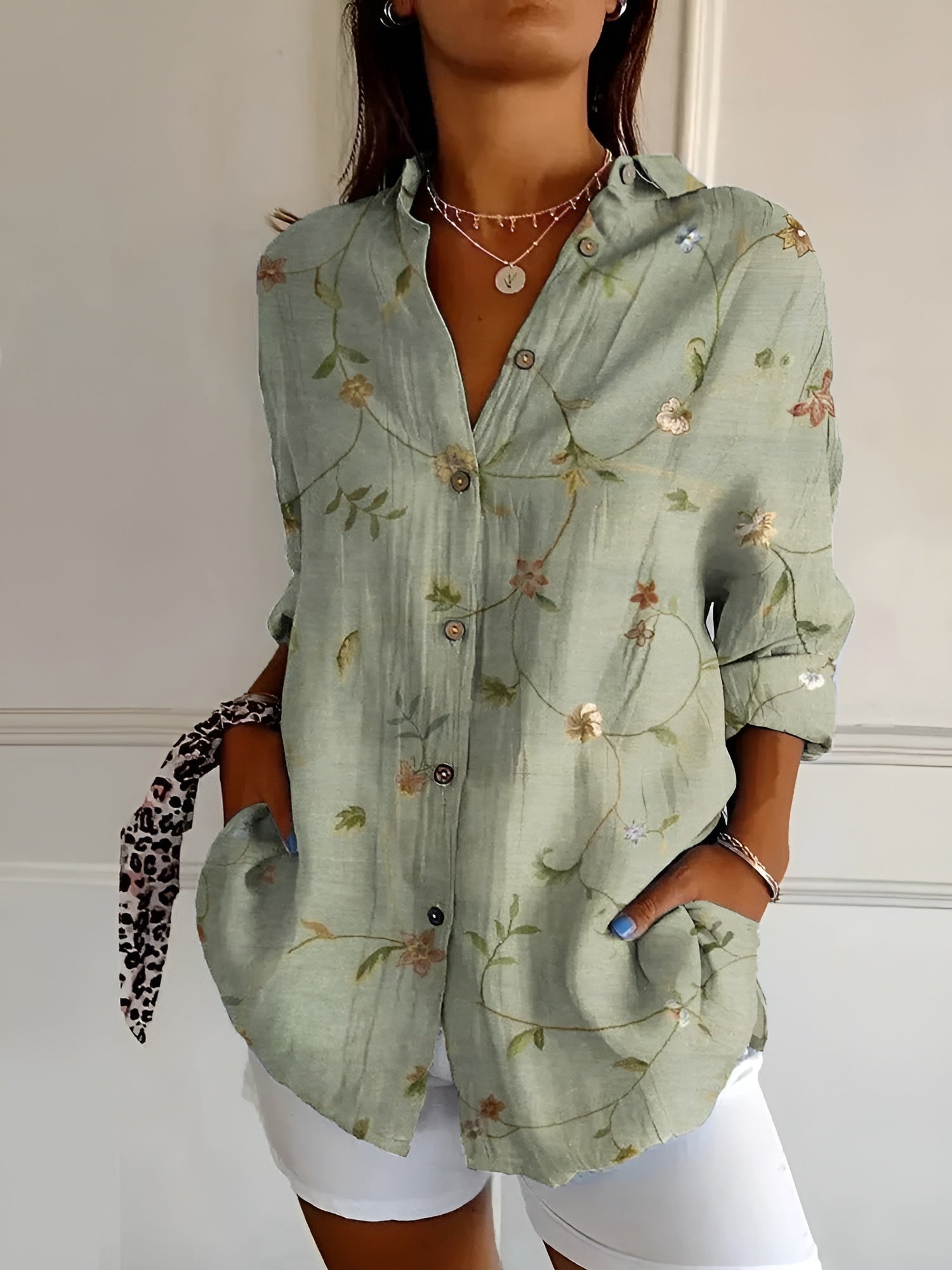 Maia floral summer blouse in Green, front view