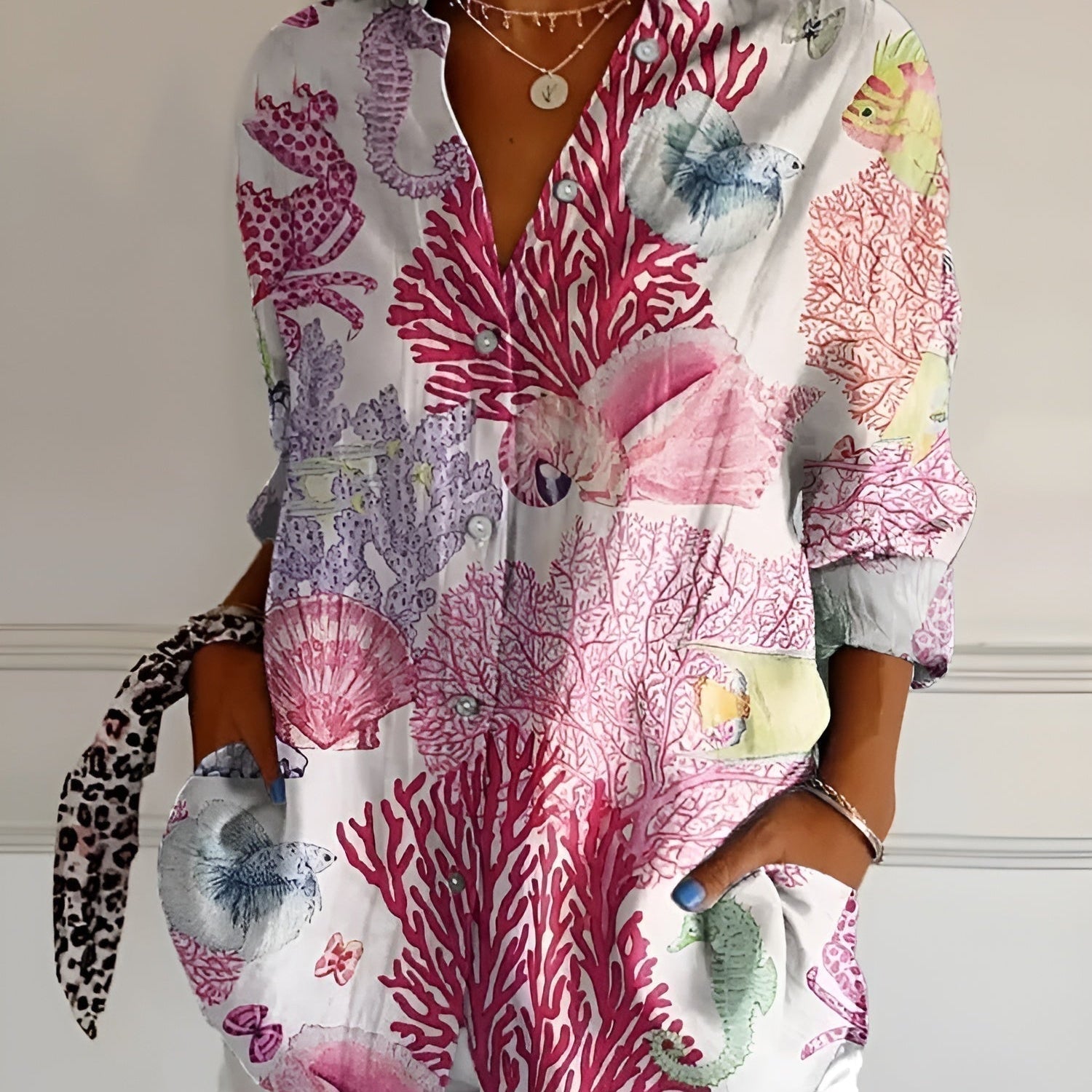 Maia floral summer blouse in Corals, view 3