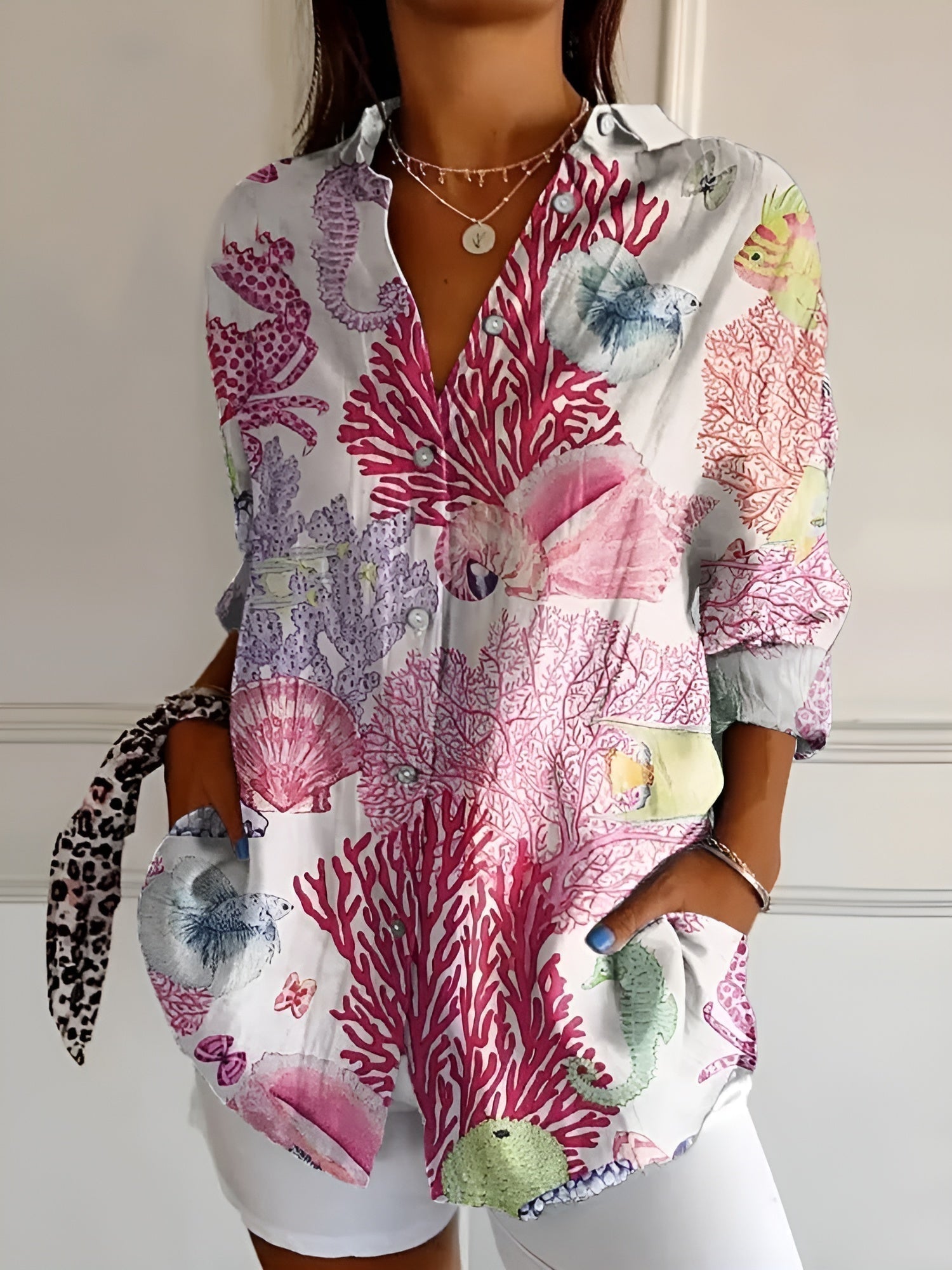 Maia floral summer blouse in Corals, view 3