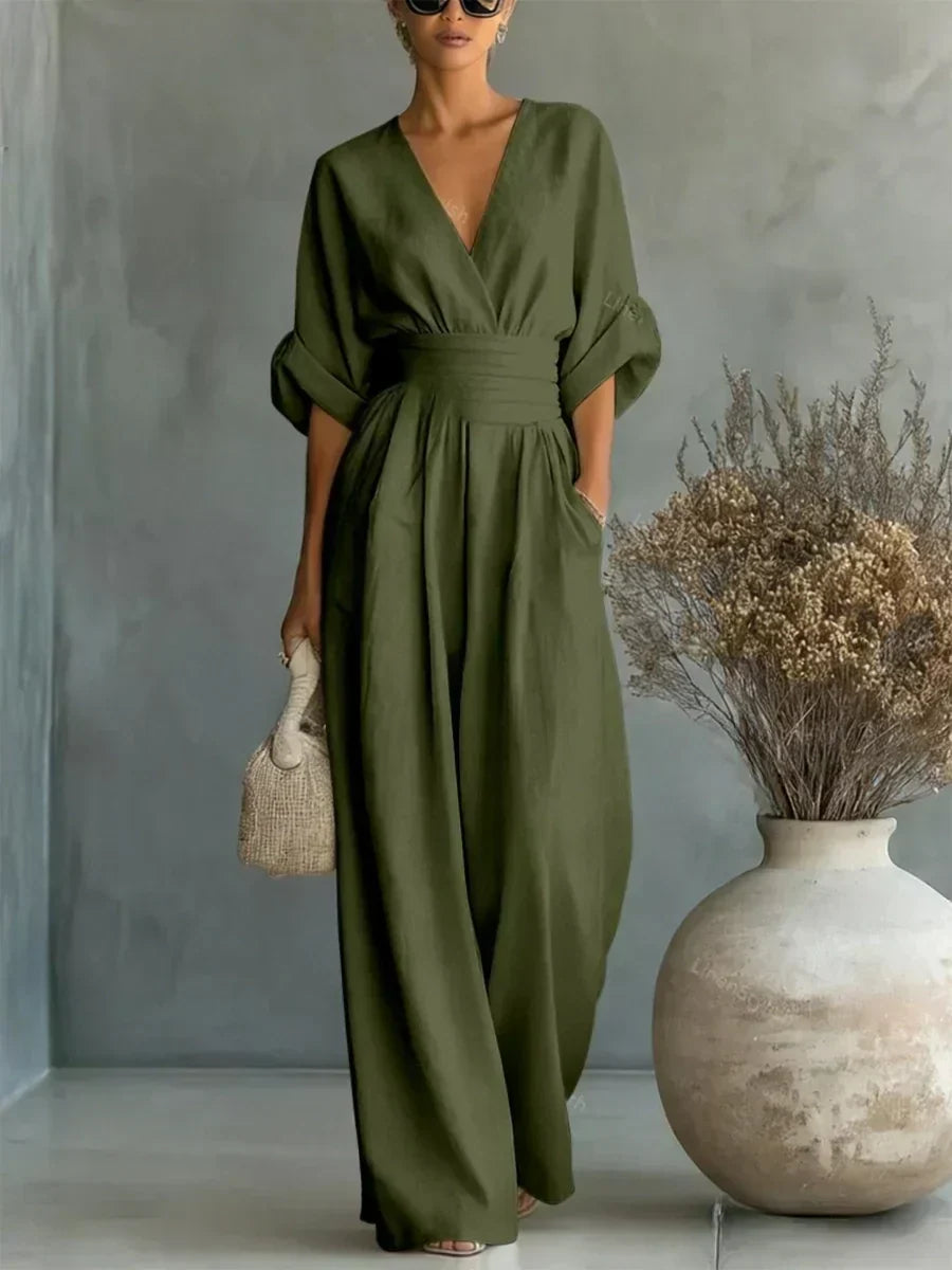 Maja V Neck High Waisted Jumpsuit in Military Green, view 9