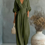 Maja V Neck High Waisted Jumpsuit in Military Green, view 9