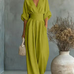 Maja V Neck High Waisted Jumpsuit in Green, view 10