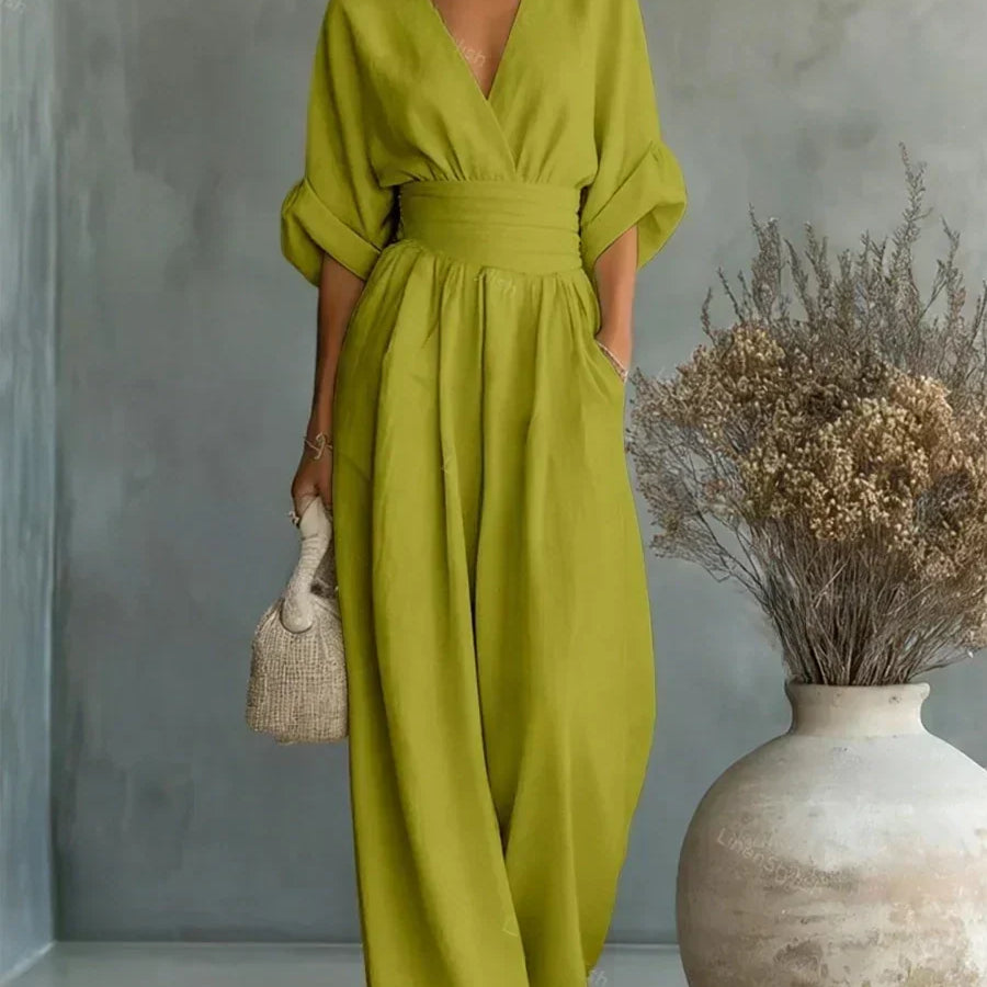Maja V Neck High Waisted Jumpsuit in Green, view 10