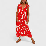 Valery flowing V neck print dress in Red, view 4