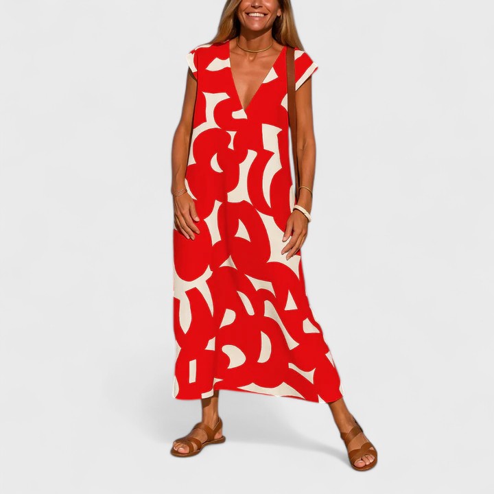 Valery flowing V neck print dress in Red, view 4
