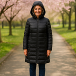 Helsa long black puffer jacket, front view