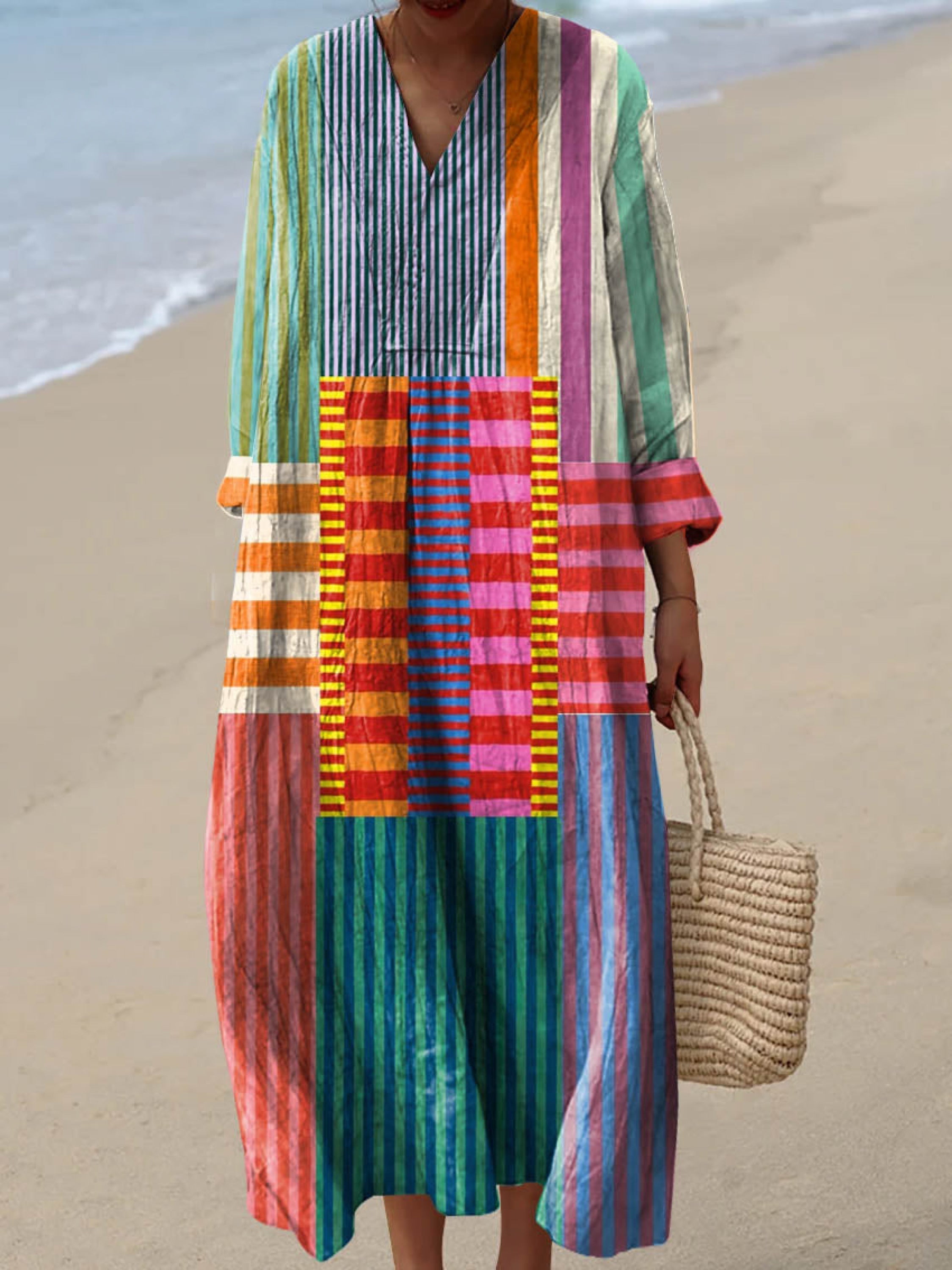 Lobke colourful patchwork dress, front view