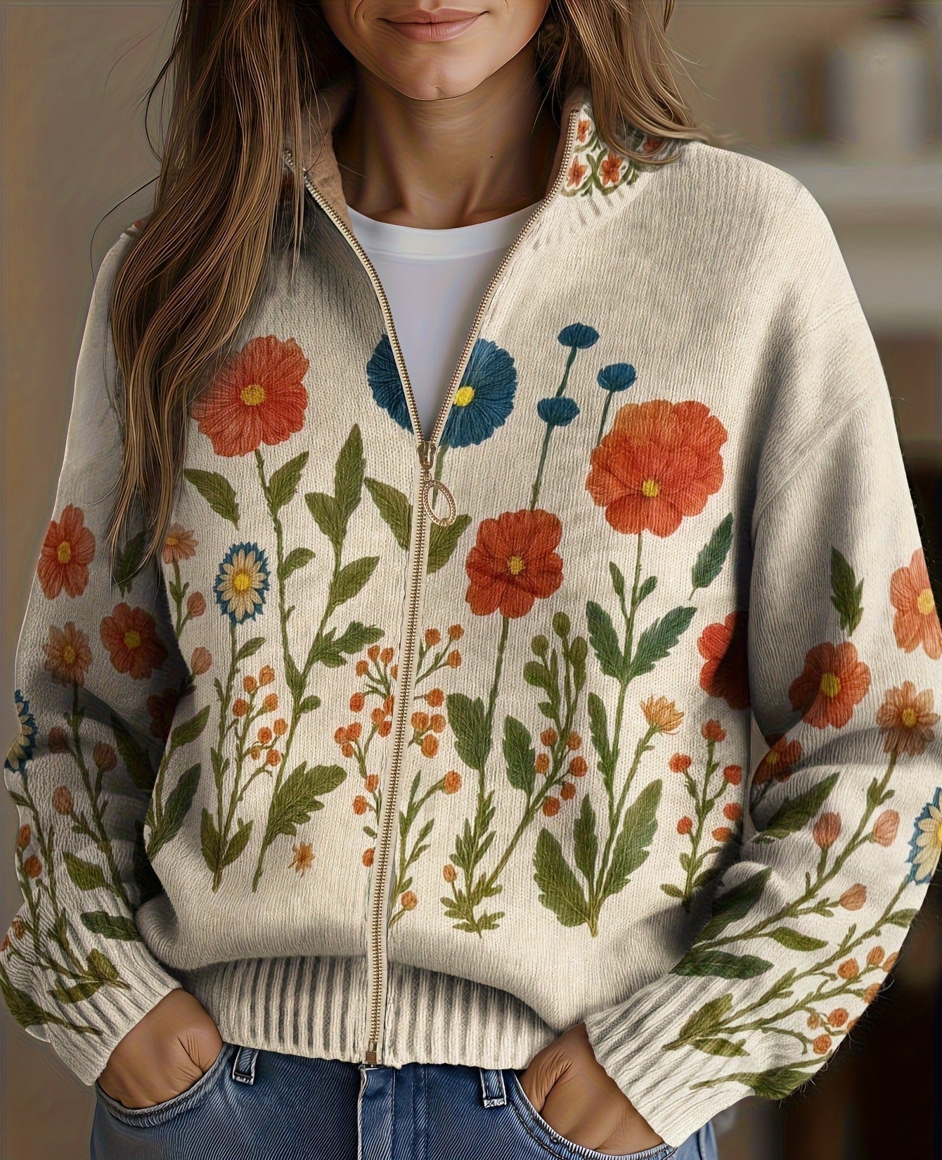 Briony wildflower meadow zip-up cardigan, front view