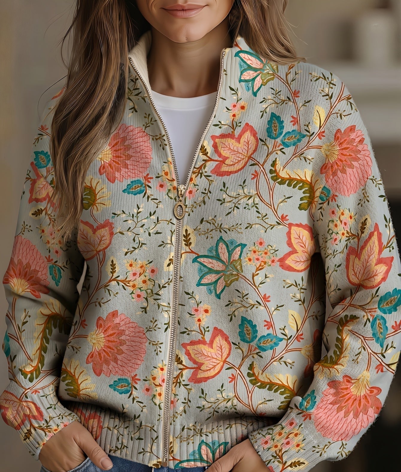 Hayley vintage garden floral zip-up cardigan, front view