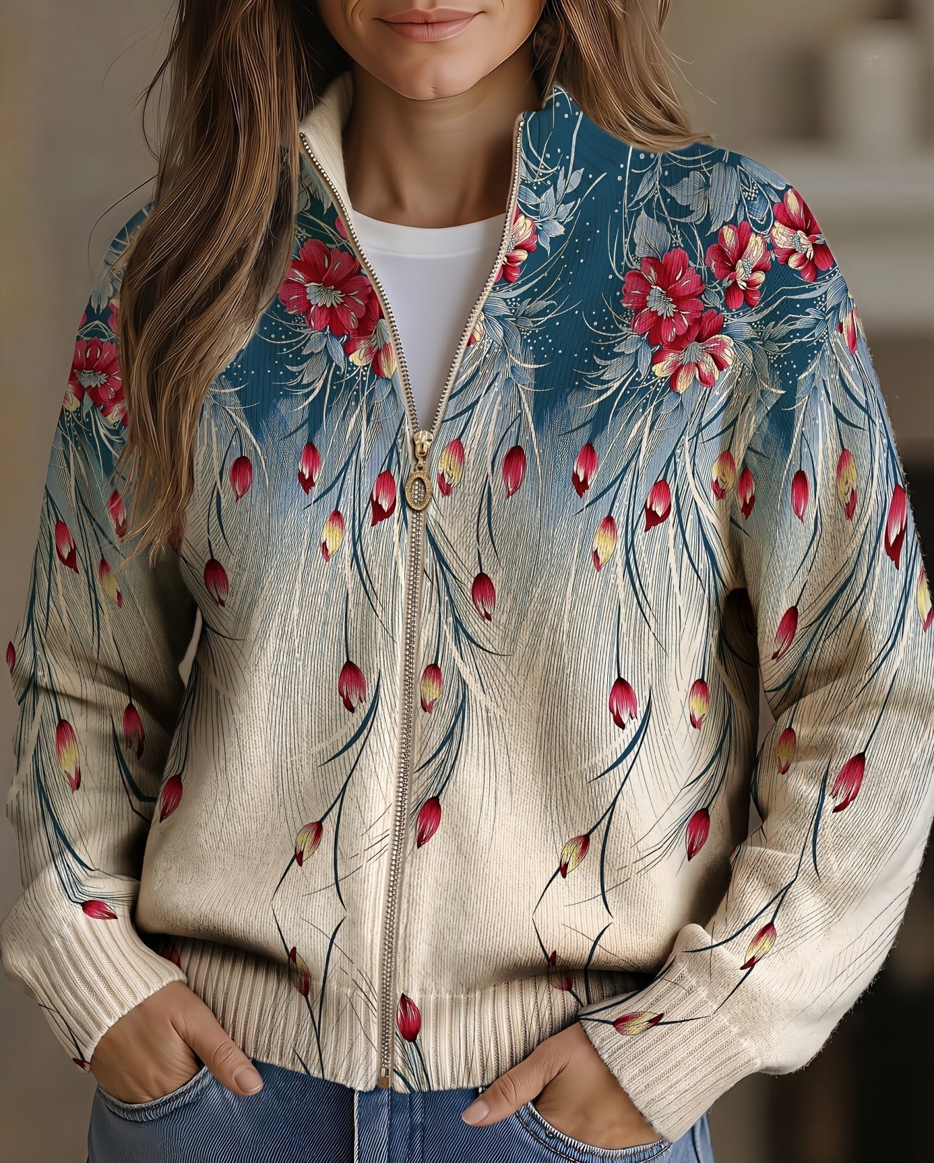 Gabrielle peacock feather print zip-up cardigan, front view